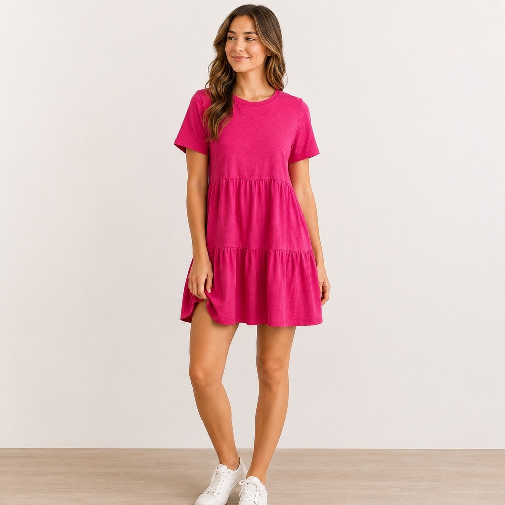 GAP Hot Pink Tiered T-Shirt Dress 100% Cotton L Babydoll Mini Cottagecore